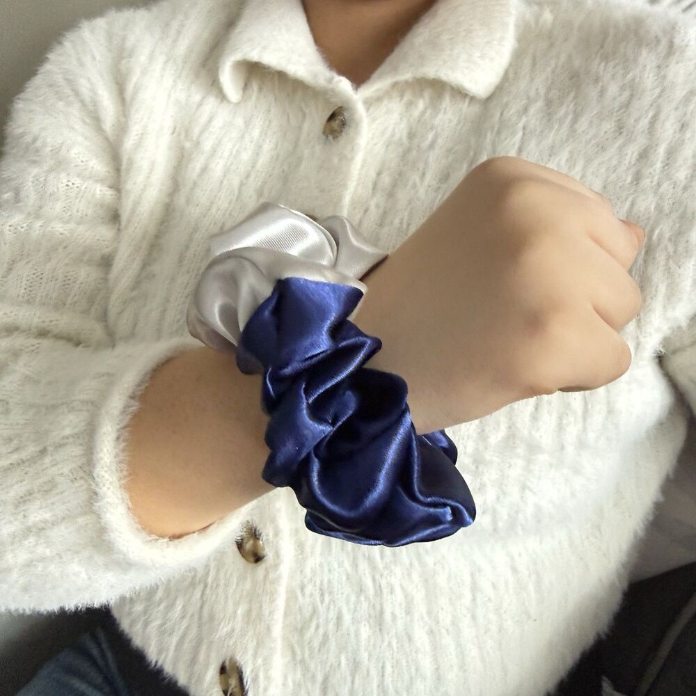 Luxury Blue/ Silver Satin Scrunchie Handmade – Hair Accessory - Picture 14 of 16